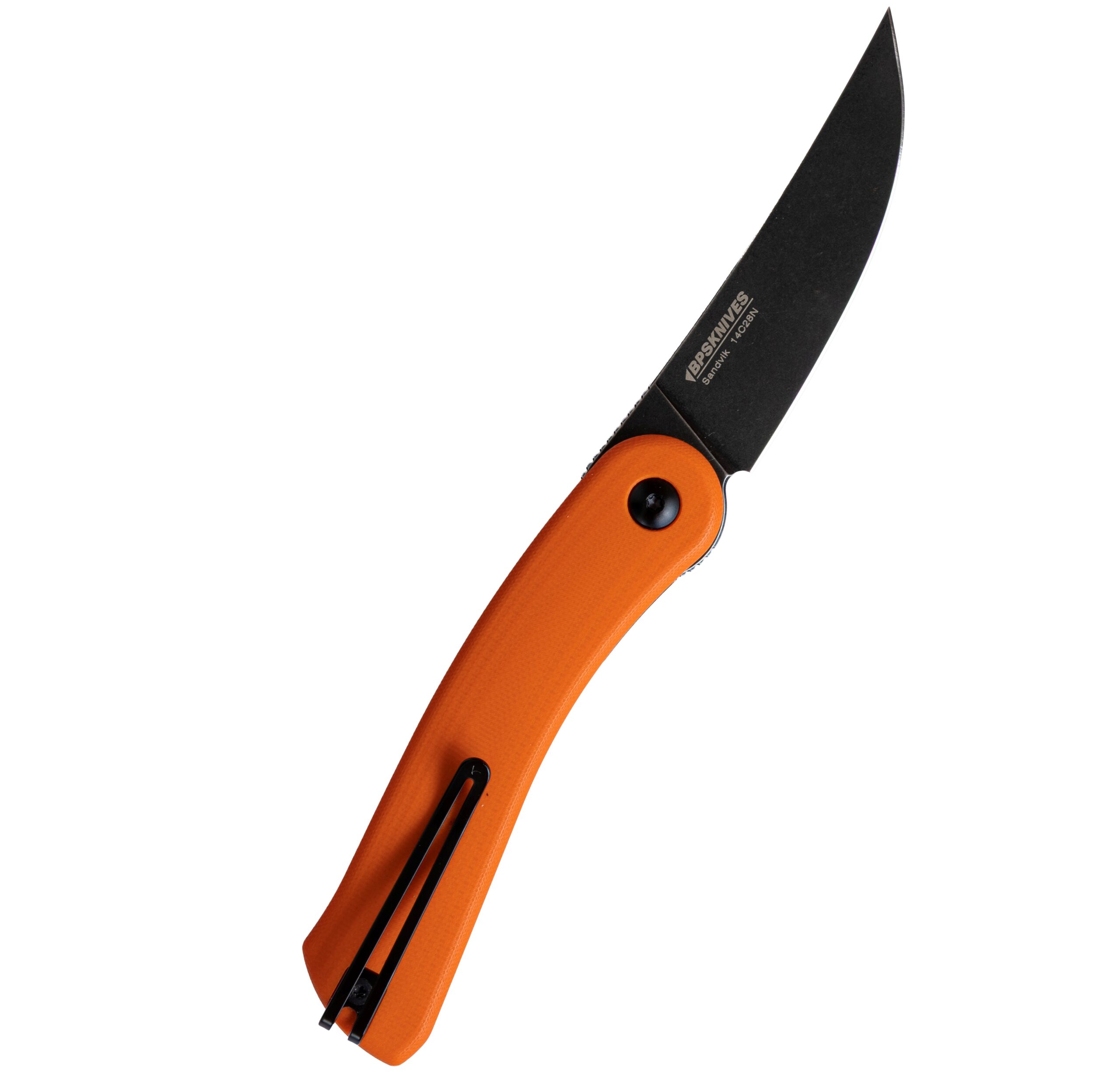 Folding knife with orange handle and black blade on a transparent background